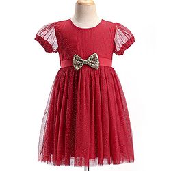 Babyhug Half Sleeves Party Frock with Glitter Detailing & Bow Applique - Red