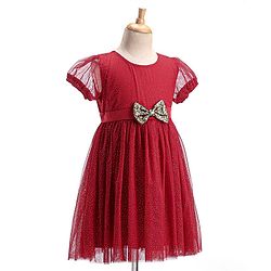 Babyhug Half Sleeves Party Frock with Glitter Detailing & Bow Applique - Red