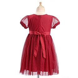 Babyhug Half Sleeves Party Frock with Glitter Detailing & Bow Applique - Red