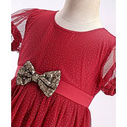 Babyhug Half Sleeves Party Frock with Glitter Detailing & Bow Applique - Red