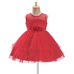 Babyhug Sleeveless Party Wear Frilled Dress With Floral Applique - Red