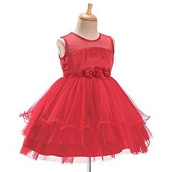 Babyhug Sleeveless Party Wear Frilled Dress With Floral Applique - Red