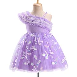 Babyhug One Shoulder Sleeves Party Dress With Leafs Embroidery & Sequin Detailing - Lavender
