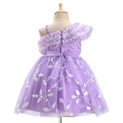 Babyhug One Shoulder Sleeves Party Dress With Leafs Embroidery & Sequin Detailing - Lavender