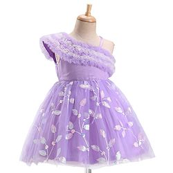 Babyhug One Shoulder Sleeves Party Dress With Leafs Embroidery & Sequin Detailing - Lavender
