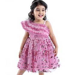Babyhug Woven Sleeveless Party Wear Frock with Frill Design & Sequin Detailing - Pink