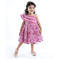Babyhug Woven Sleeveless Party Wear Frock with Frill Design & Sequin Detailing - Pink