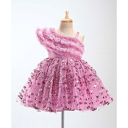 Babyhug Woven Sleeveless Party Wear Frock with Frill Design & Sequin Detailing - Pink