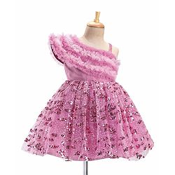 Babyhug Woven Sleeveless Party Wear Frock with Frill Design & Sequin Detailing - Pink