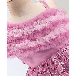 Babyhug Woven Sleeveless Party Wear Frock with Frill Design & Sequin Detailing - Pink