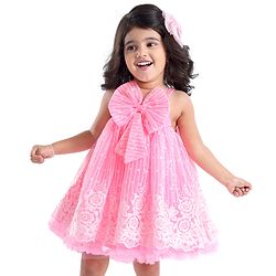 Babyhug Sleeveless Party Frock with Bow Applique - Pink