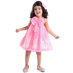 Babyhug Sleeveless Party Frock with Bow Applique - Pink