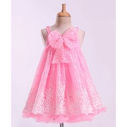Babyhug Sleeveless Party Frock with Bow Applique - Pink