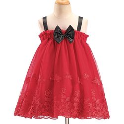 Babyhug Sleeveless Party Wear Dress With Floral Embroidery & Bow Applique - Red
