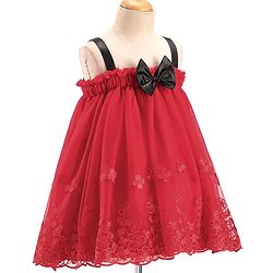 Babyhug Sleeveless Party Wear Dress With Floral Embroidery & Bow Applique - Red