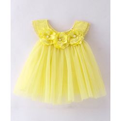 Babyhug Woven  Sleeveless Solid Colour Party Wear Dress with Floral Corsage - Yellow