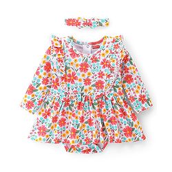 Babyhug 100% Cotton Knit Full Sleeves Frock Style Onesie with Headband Floral Print - Multicolour