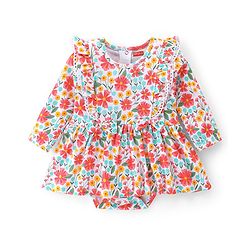 Babyhug 100% Cotton Knit Full Sleeves Frock Style Onesie with Headband Floral Print - Multicolour
