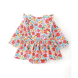 Babyhug 100% Cotton Knit Full Sleeves Frock Style Onesie with Headband Floral Print - Multicolour