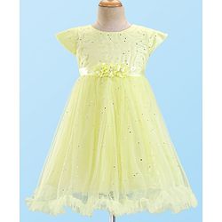 Babyhug Cap Sleeves Party Wear Fit and Flare Dress with Floral Applique- Yellow