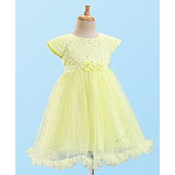 Babyhug Cap Sleeves Party Wear Fit and Flare Dress with Floral Applique- Yellow