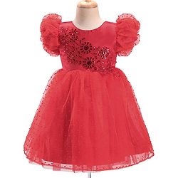 Babyhug Half Puffed Sleeves Sequins & Embroidery Detailing Fit & Flare Party Frock - Red