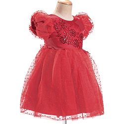 Babyhug Half Puffed Sleeves Sequins & Embroidery Detailing Fit & Flare Party Frock - Red