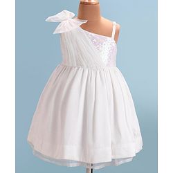 Babyhug Woven One Shoulder Sleeves Party Frock with Bow & Sequin Detailing  - White