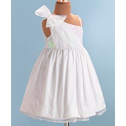 Babyhug Woven One Shoulder Sleeves Party Frock with Bow & Sequin Detailing  - White
