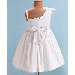 Babyhug Woven One Shoulder Sleeves Party Frock with Bow & Sequin Detailing  - White