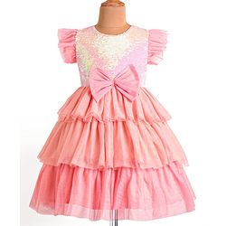 Babyhug Woven Frill Sleeves Layered Party Dress with Sequins & Bow Detailing - Pink