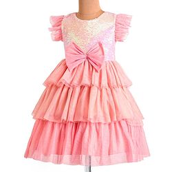 Babyhug Woven Frill Sleeves Layered Party Dress with Sequins & Bow Detailing - Pink
