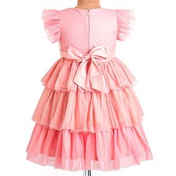 Babyhug Woven Frill Sleeves Layered Party Dress with Sequins & Bow Detailing - Pink
