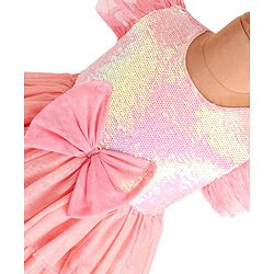 Babyhug Woven Frill Sleeves Layered Party Dress with Sequins & Bow Detailing - Pink
