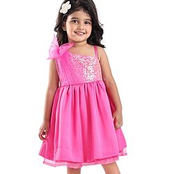 Babyhug Woven One Shoulder Sleeves Sequined Fit & Flared Party Frock with Floral Applique - Dark Pink