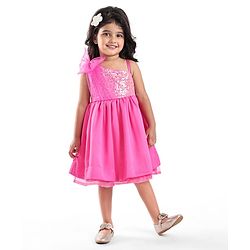 Babyhug Woven One Shoulder Sleeves Sequined Fit & Flared Party Frock with Floral Applique - Dark Pink