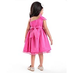 Babyhug Woven One Shoulder Sleeves Sequined Fit & Flared Party Frock with Floral Applique - Dark Pink