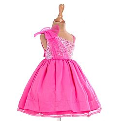 Babyhug Woven One Shoulder Sleeves Sequined Fit & Flared Party Frock with Floral Applique - Dark Pink