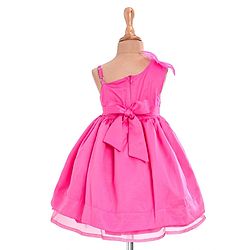 Babyhug Woven One Shoulder Sleeves Sequined Fit & Flared Party Frock with Floral Applique - Dark Pink