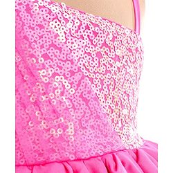 Babyhug Woven One Shoulder Sleeves Sequined Fit & Flared Party Frock with Floral Applique - Dark Pink