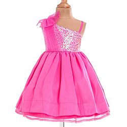 Babyhug Woven One Shoulder Sleeves Sequined Fit & Flared Party Frock with Floral Applique - Dark Pink
