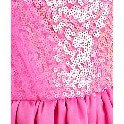 Babyhug Woven One Shoulder Sleeves Sequined Fit & Flared Party Frock with Floral Applique - Dark Pink