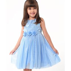 Babyhug Sleeveless Shimmered Party Frock with 3D Butterfly & Floral Applique - Blue