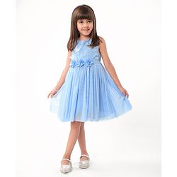 Babyhug Sleeveless Shimmered Party Frock with 3D Butterfly & Floral Applique - Blue
