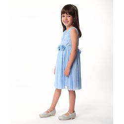 Babyhug Sleeveless Shimmered Party Frock with 3D Butterfly & Floral Applique - Blue