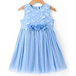 Babyhug Sleeveless Shimmered Party Frock with 3D Butterfly & Floral Applique - Blue