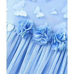 Babyhug Sleeveless Shimmered Party Frock with 3D Butterfly & Floral Applique - Blue