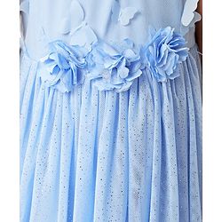 Babyhug Sleeveless Shimmered Party Frock with 3D Butterfly & Floral Applique - Blue