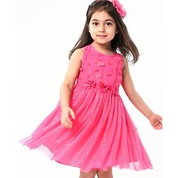 Babyhug Sleeveless  Solid Dress With Flower Applique - Fuschia