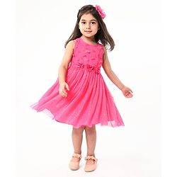 Babyhug Sleeveless  Solid Dress With Flower Applique - Fuschia